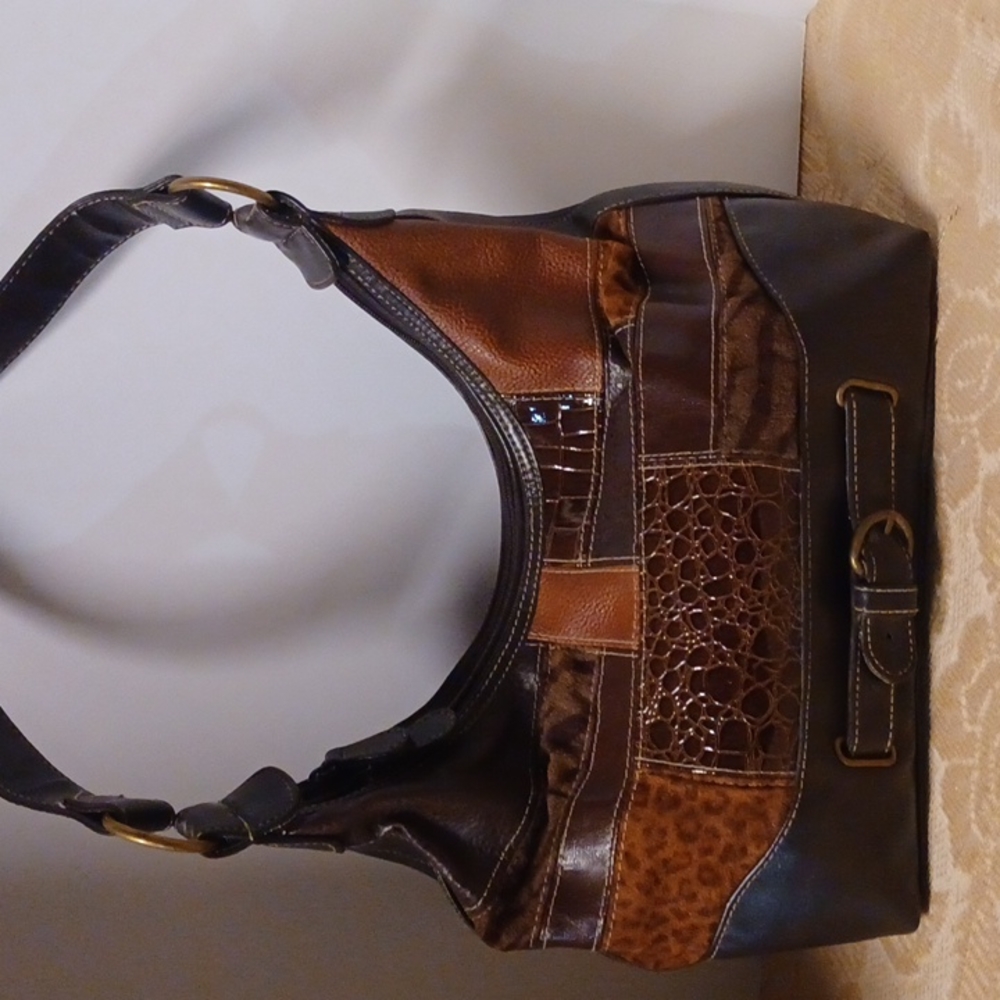 Tote Brown Fake Leather Two Zipper Gem